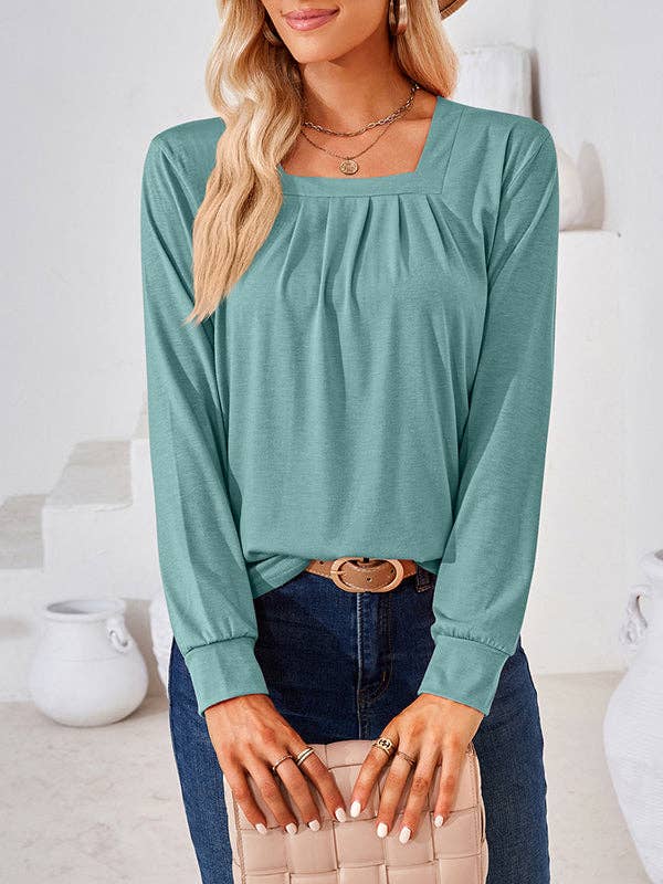 UZ Wholesale Store - Long Sleeves Loose Pleated Solid Color Square-Neck T-Shirts Tops: PINK / S