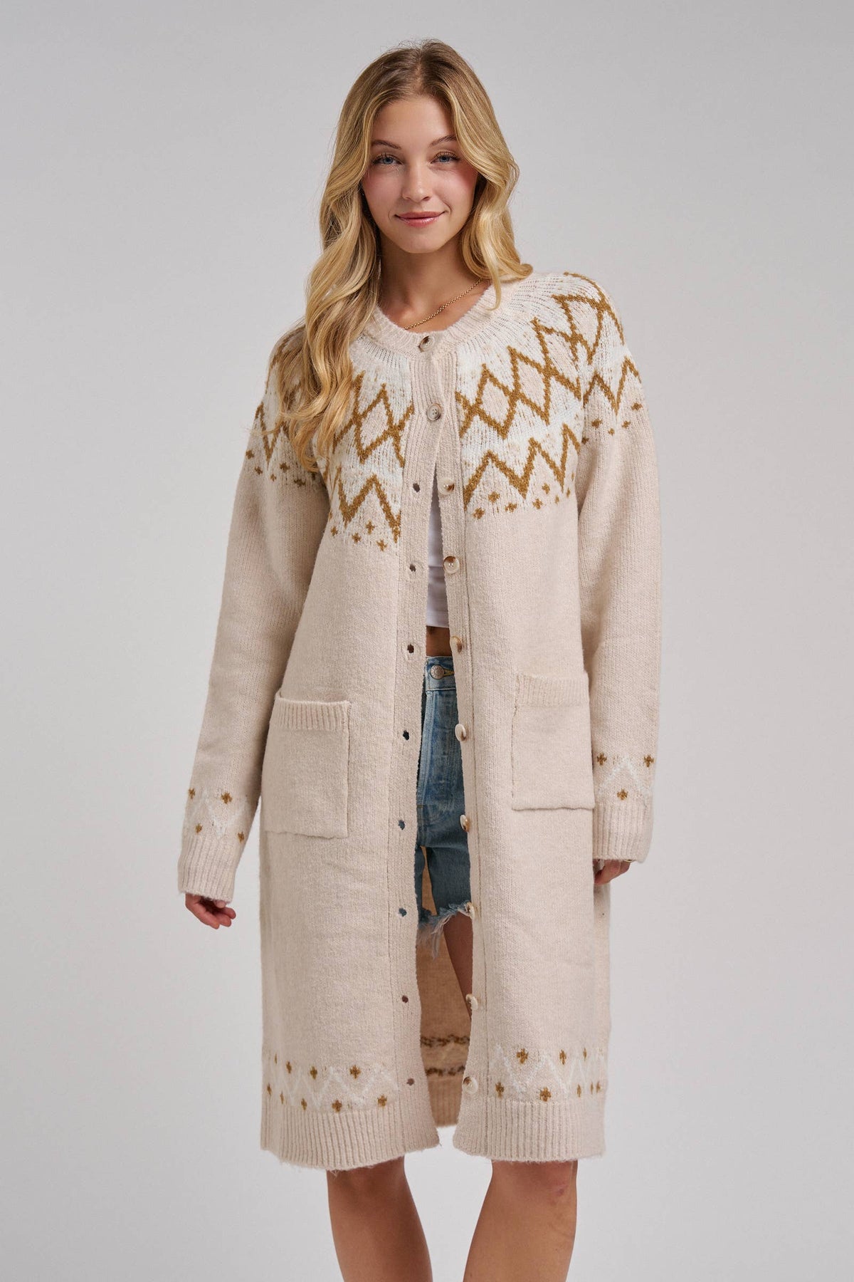 BON - NORDIC FAIR ISLE SWEATER LONG CARDIGAN IN OATMEAL
