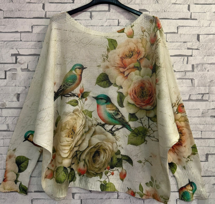LOOWIE Beige Birds Round Knit Printed Sweater LOOWIE