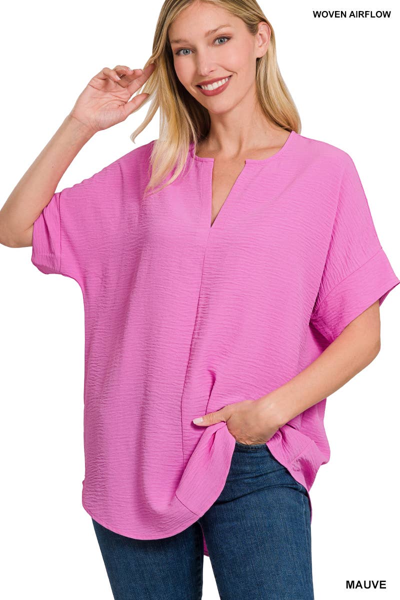 42POPS-Woven Airflow Split Neck Short Sleeve Top Coral
