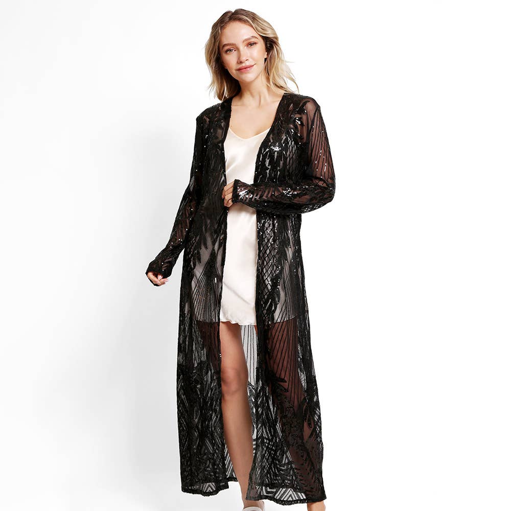 Sensibling Corp. - Leaves Pattern Sequin Long Cover-Up Kimono Poncho: Black