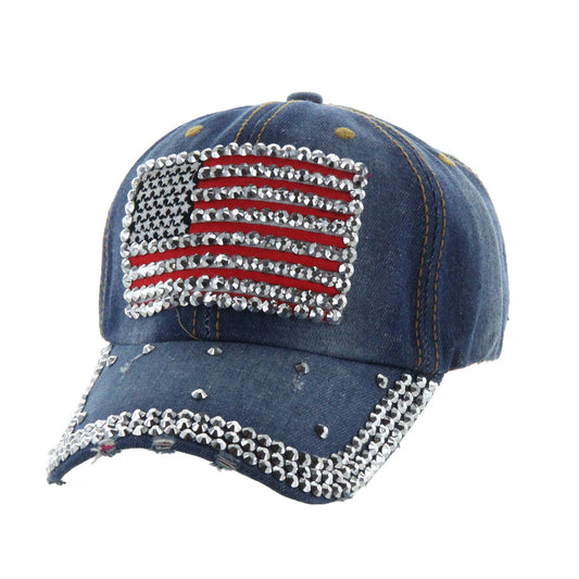 SP Sophia Collection - Rhinestone American Flag Denim Baseball Cap: Blue