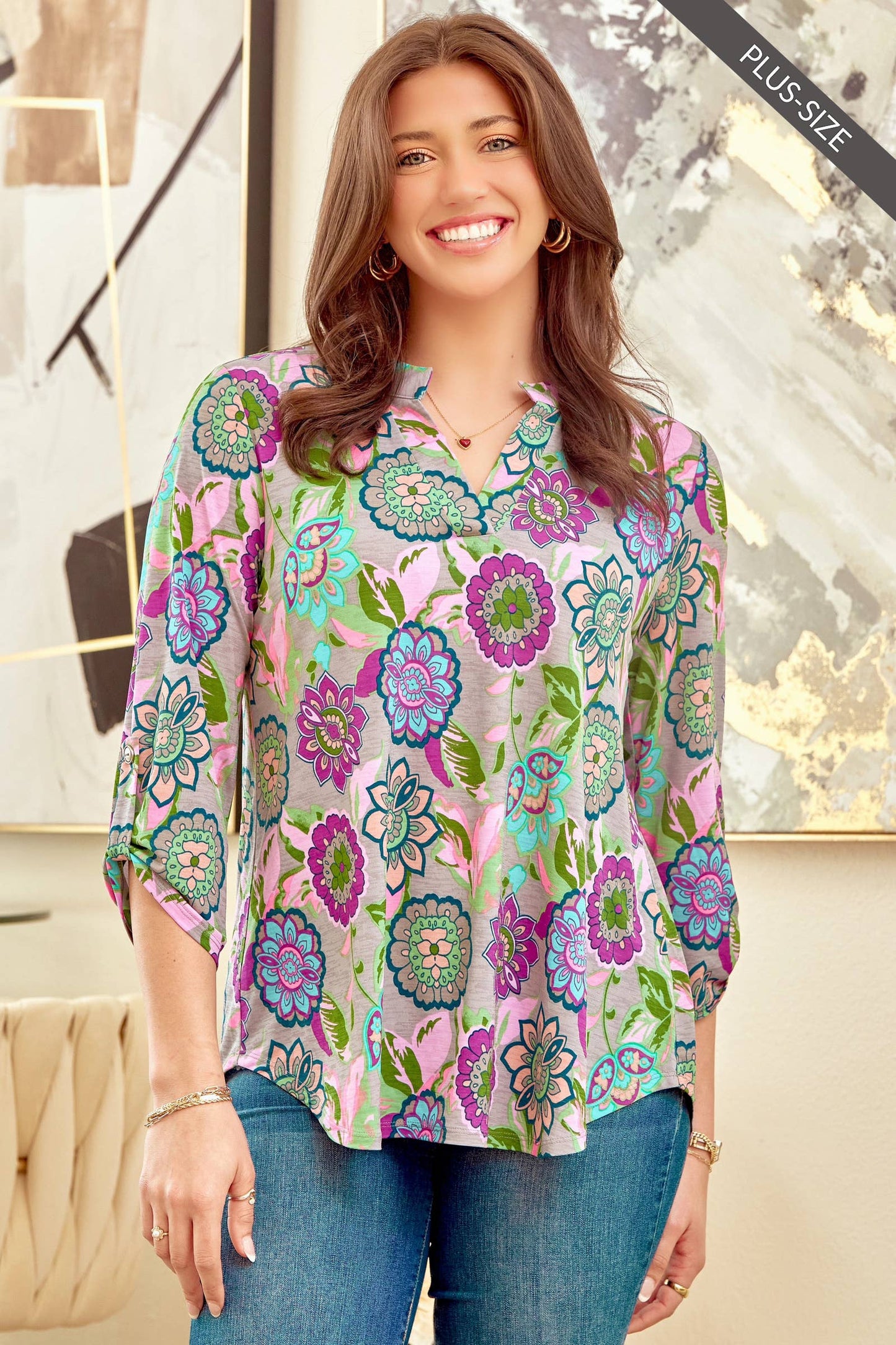 Dear Scarlett - PLUS SIZE Multicolor Wrinkle Free Floral Top LIZZY-V0234P: GREY MULTI / XL