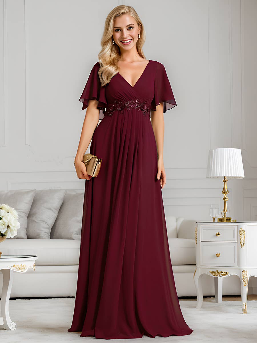 Ever-Pretty - V Neck Appliques Pleated Bridesmaid Dress: Burgundy / 12