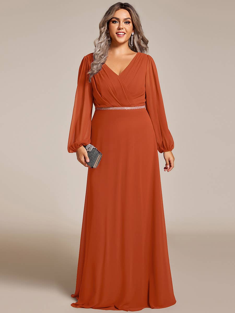 Ever-Pretty - Elegant waisted chiffon V-neck Long Sleeve guest Dress: Burgundy / 12