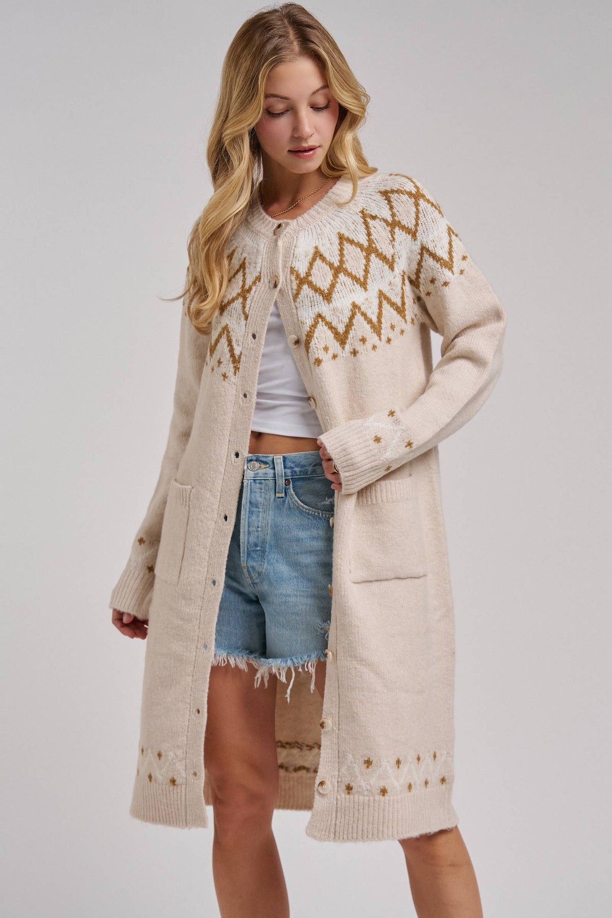 BON - NORDIC FAIR ISLE SWEATER LONG CARDIGAN IN OATMEAL