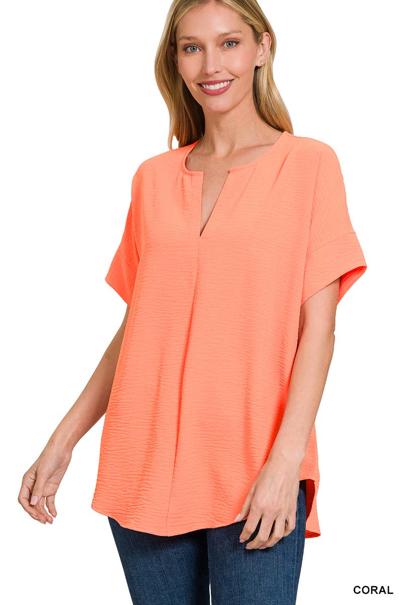 42POPS -Woven Airflow Split Neck Short Sleeve Top Fuschia