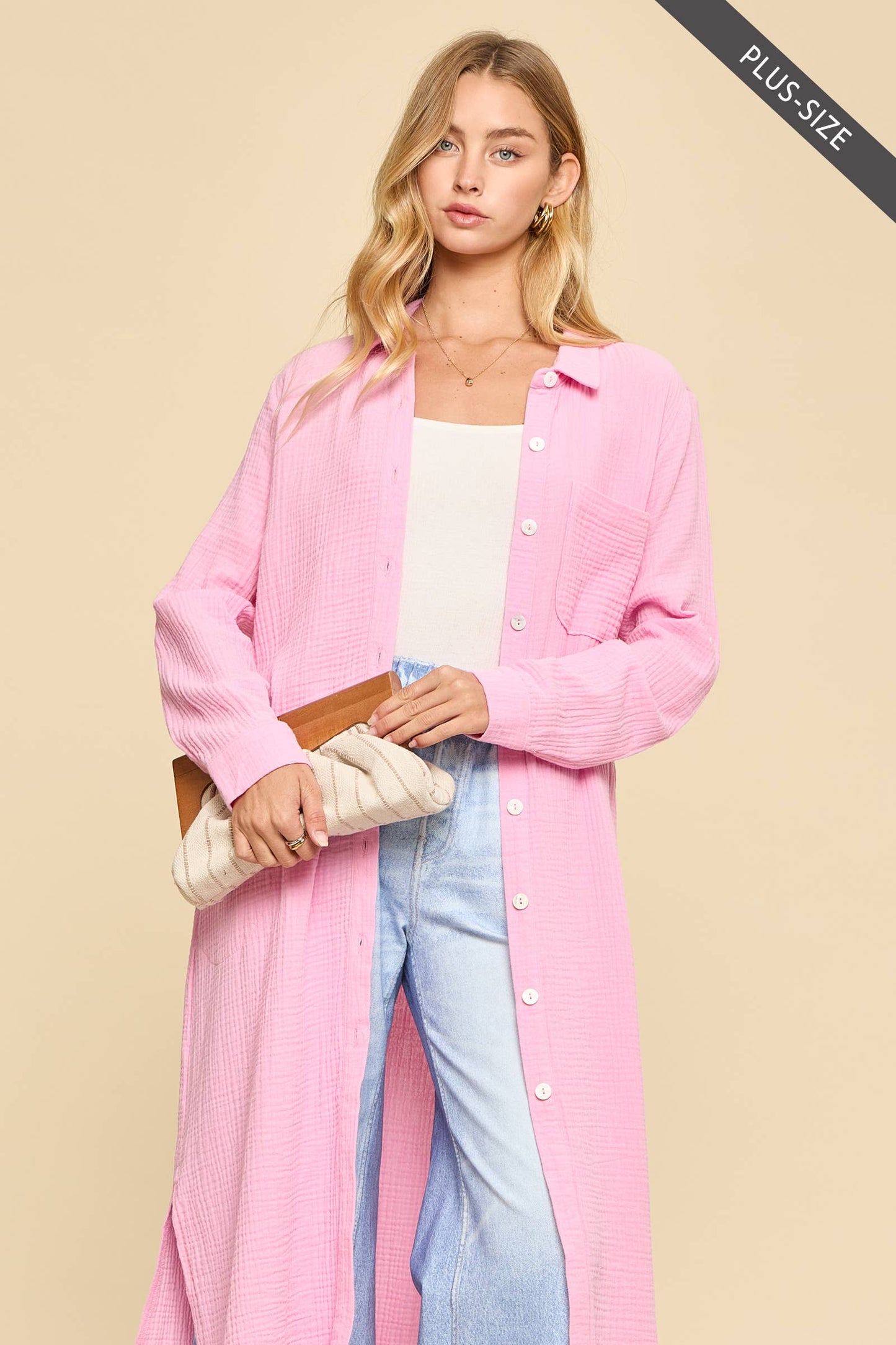 Dear Scarlett  Breathable Cotton Button-Down Duster: PEACH SORBET