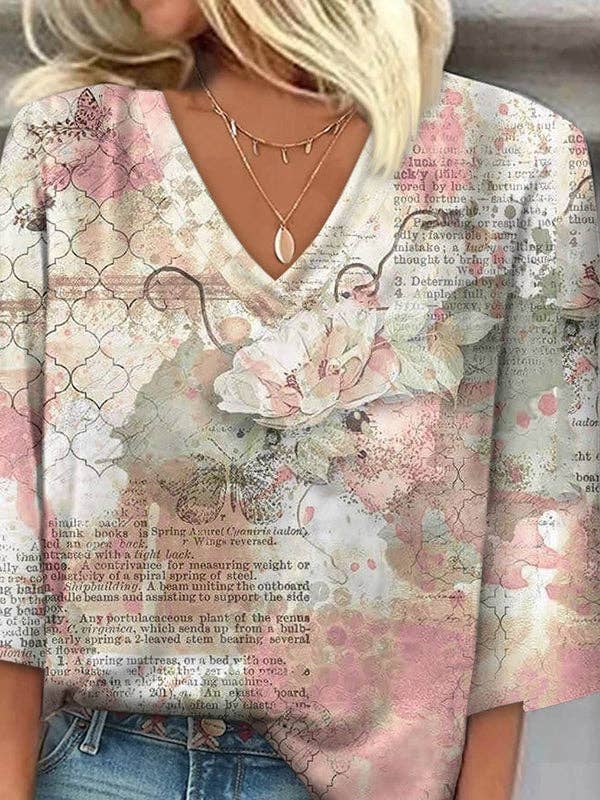 UZ Wholesale Store - Loose Plus Size Flower Print Letter Print V-Neck T-Shirts Tops: PINK / S