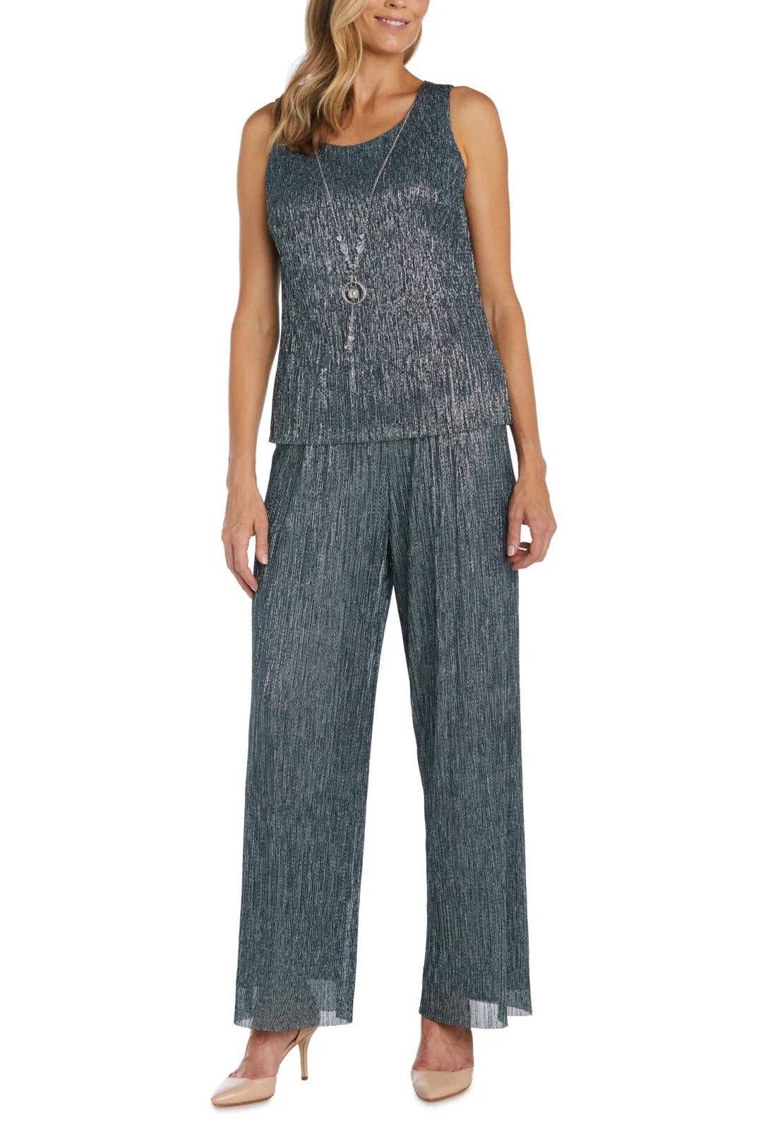 Immediate Apparel - R&M Richards Three Piece Crinkle Pantsuit Mesh Chiffon Jacket Relaxed-Fit Trousers with Necklace: SPRUCE / 14