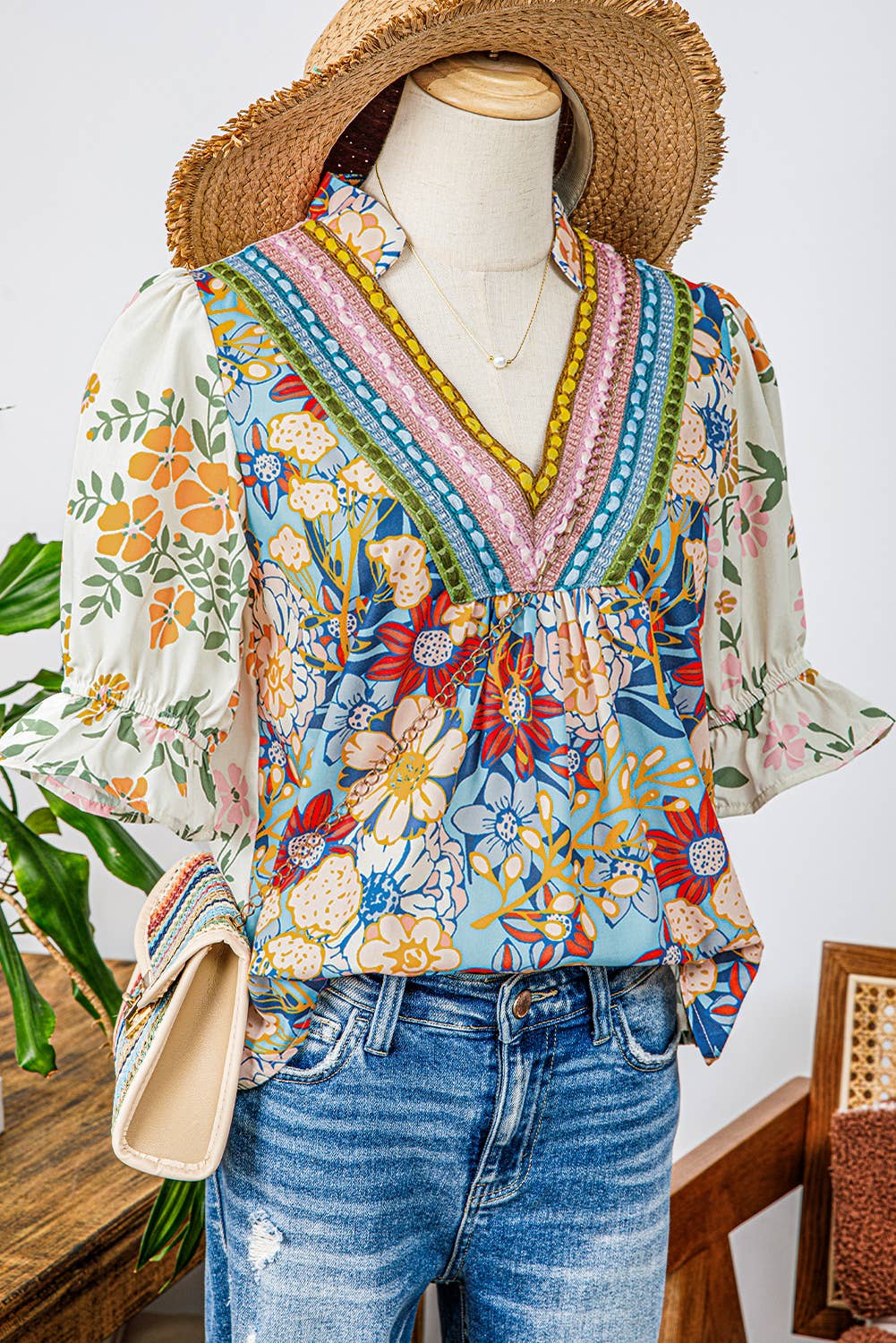 fashionworks - Crochet Boho Half Sleeve Floral Blouse-Missy & Plus Sizes