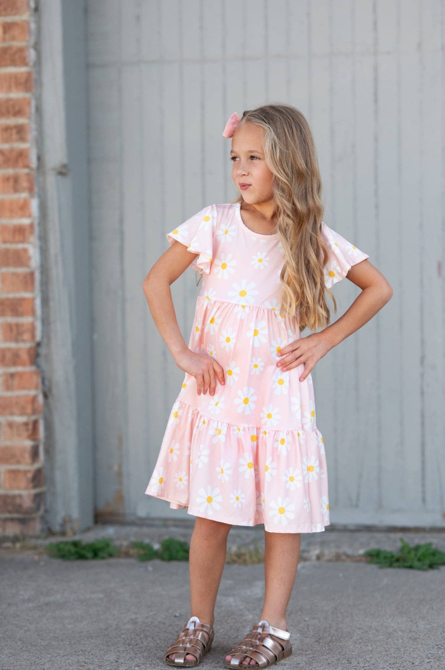 Oopsie Daisy - Girls Emma Pink Spring Daisy Flutter Sleeve Twirl Dress: 10/12