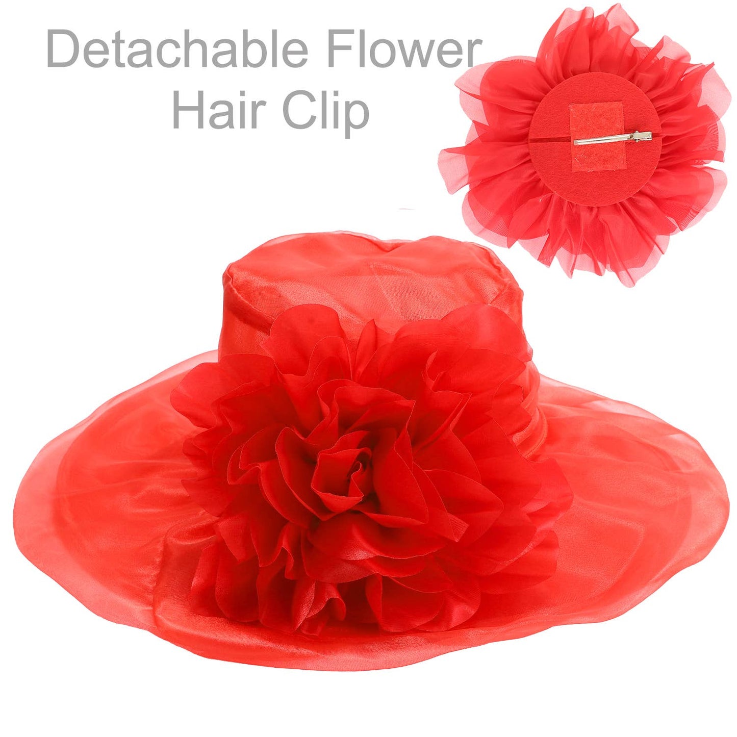 SP Sophia Collection - Wide Brim Organza Hat with Detachable Floral Fascinator Clip: Black