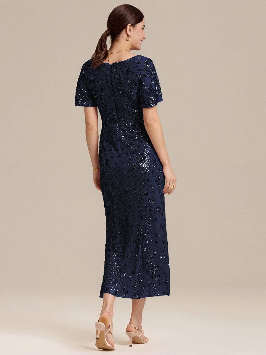 Ever-Pretty - Strapless Deep Fishtail Paillette Midi Evening Dresses: Sapphire Blue / 22