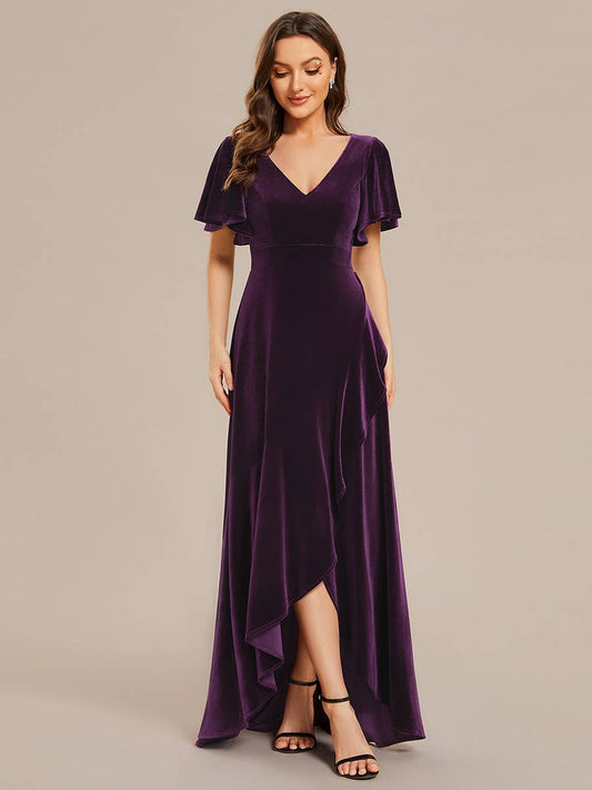Ever-Pretty - High-low V Neck Evening Dress with Short Sleeves: Dark Purple