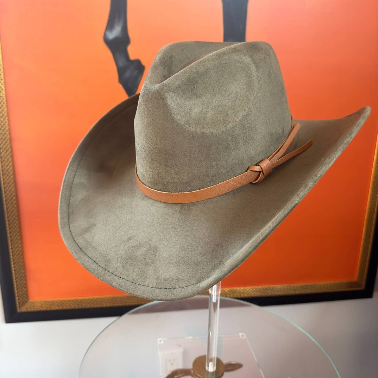 Queens INC - Fashion Vegan suede Cowboy hat  W/ Leather Belt: CAMEL / ONE SIZE