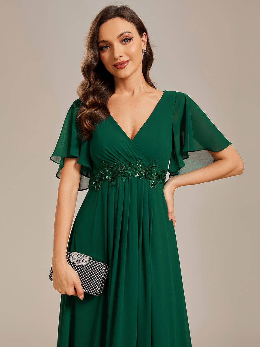 Ever-Pretty - V Neck Appliques Pleated Bridesmaid Dress: Dark Green / 24