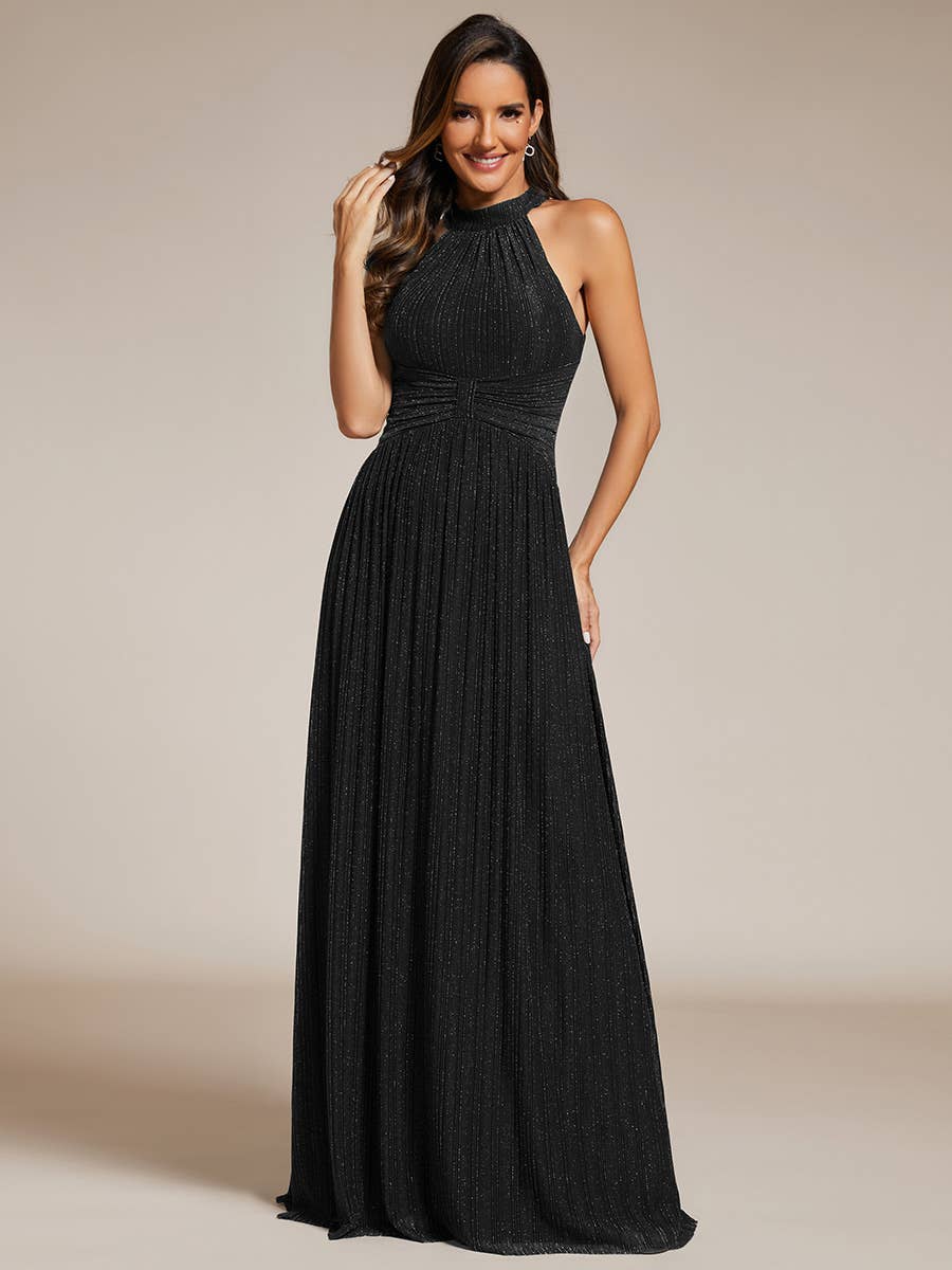 Ever-Pretty - Glittery Halter Neck Pleated Formal Evening Dress: Dark Green / 12