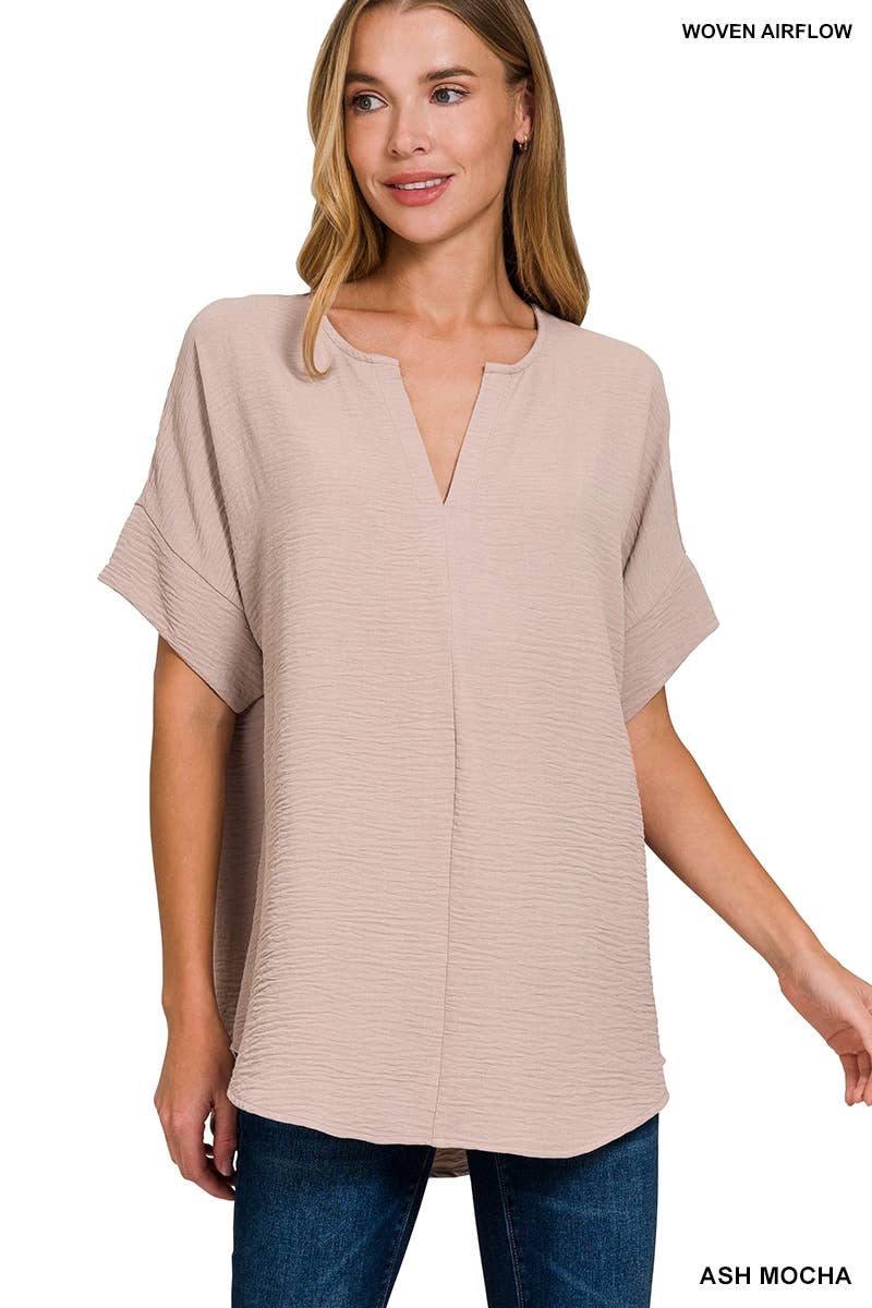 42POPS-Woven Airflow Split Neck Short Sleeve Top Coral