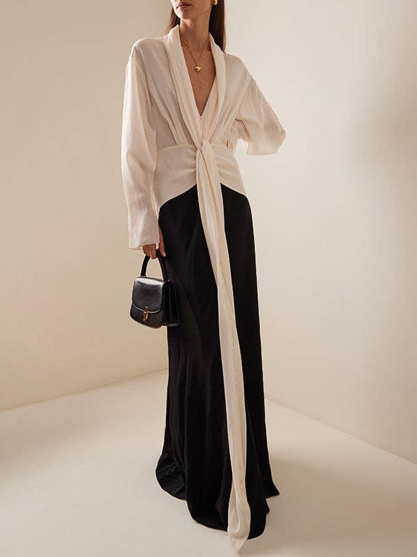 FurDecoration - Long Sleeve Loose V-Neck Maxi Dress with Contrast Color: BLACK WHITE / S