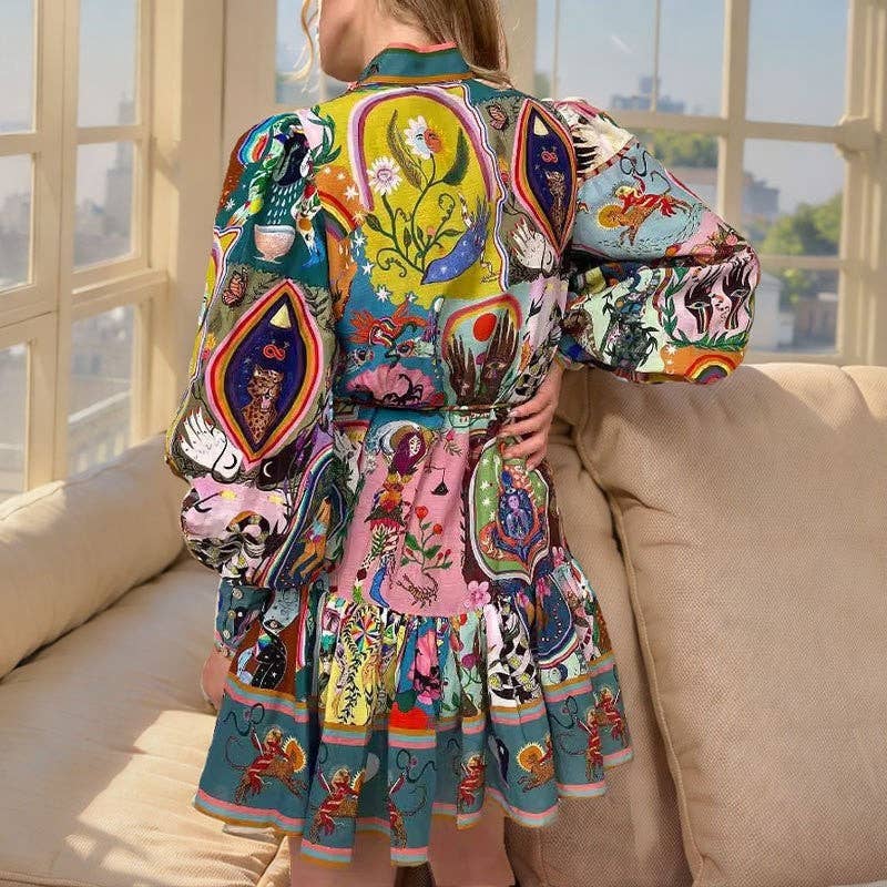 UZ Wholesale Store - Floral Round Neck Cinched Waist Tie Ruffle Hem Dress: PRINTING / XL