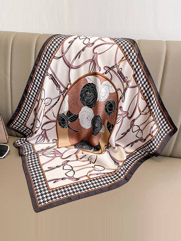 U.Z. Flower Print Houndstooth Scarf: PURPLE