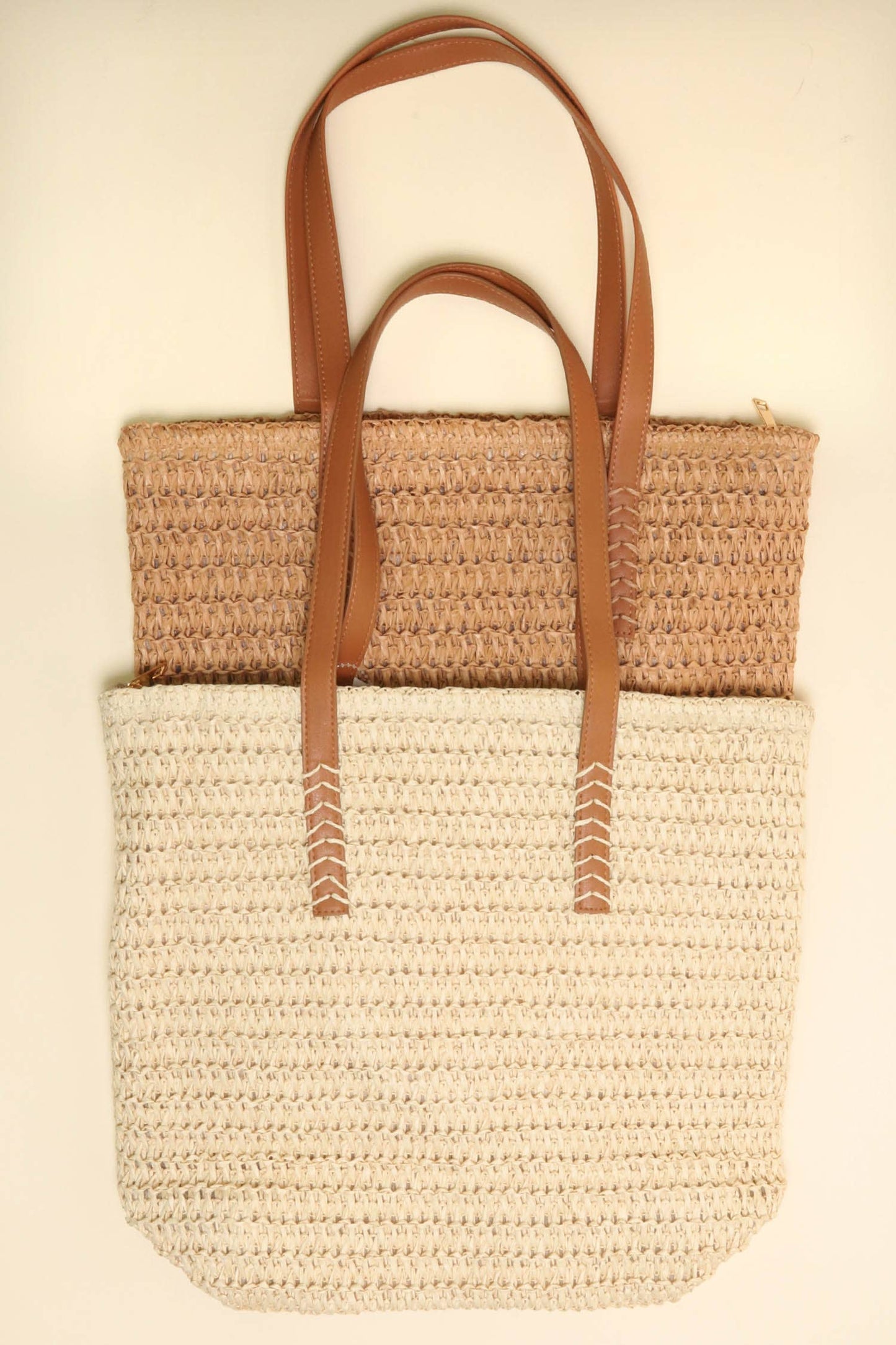 SP Sophia Collection -  Woven Shoulder Zippered Tote Bag with Faux Leather Handles: Beige