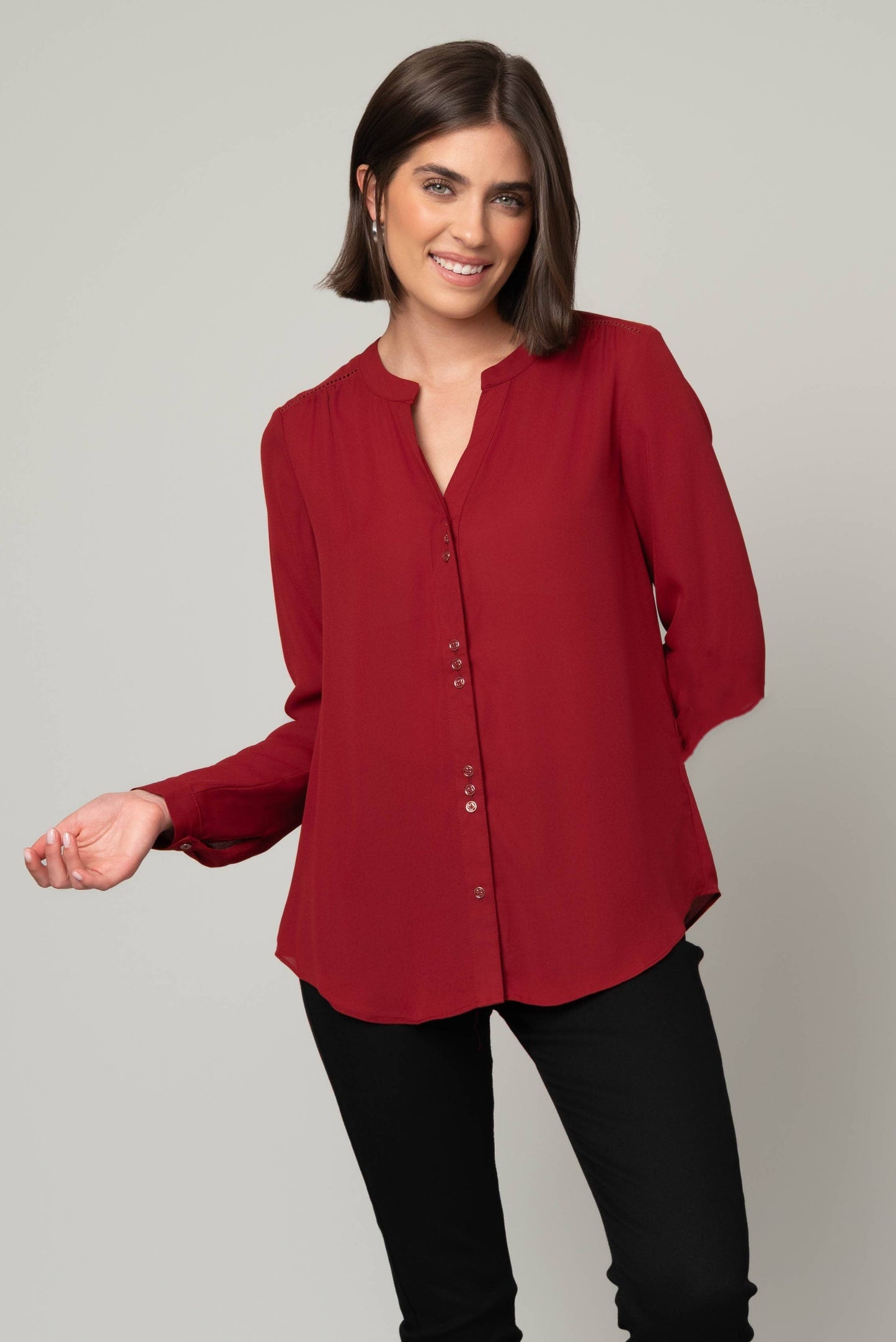 Pine Apparel - Roll Tab Button Front Top: Tomato