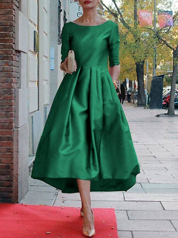 Sheer Trend - A-Line Loose Pleated Pockets Solid Color Split-Joint Round-Neck Midi Dresses: S / GREEN