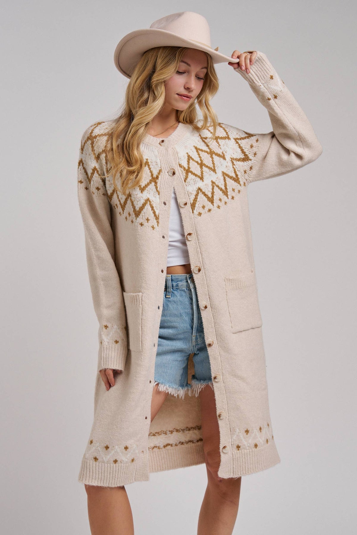 BON - NORDIC FAIR ISLE SWEATER LONG CARDIGAN IN OATMEAL