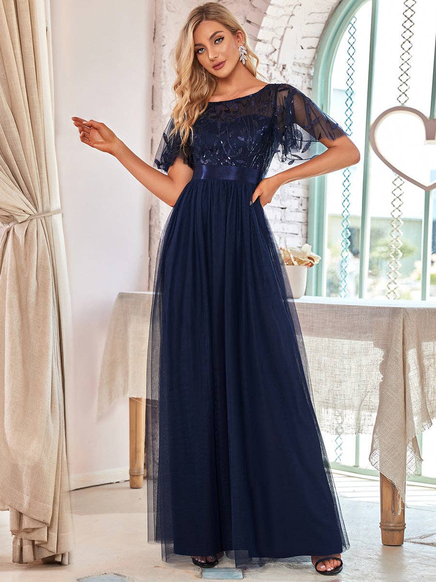 Ever-Pretty - Sequin Print Maxi Long Evening Dresses with Cap Sleeve: Dusty Navy / 16