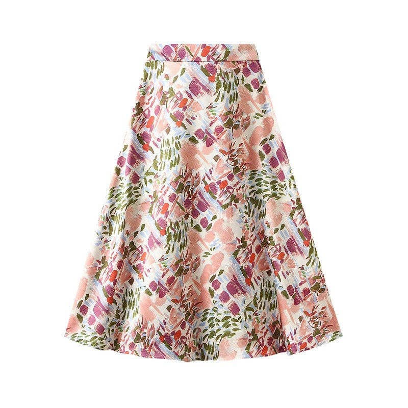 UZ Wholesale Store - Brilliant Satin Print Elastic Waist Drop Skirt: PINK / M