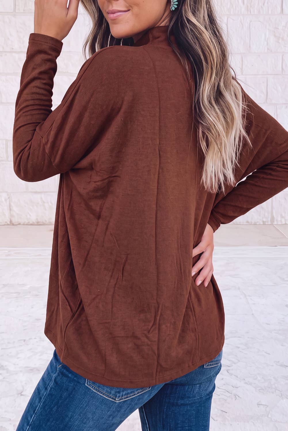 1 the Woman - Oversized Mock Neck Long Sleeve Layering Basic Blouse: Smoke Gray / S