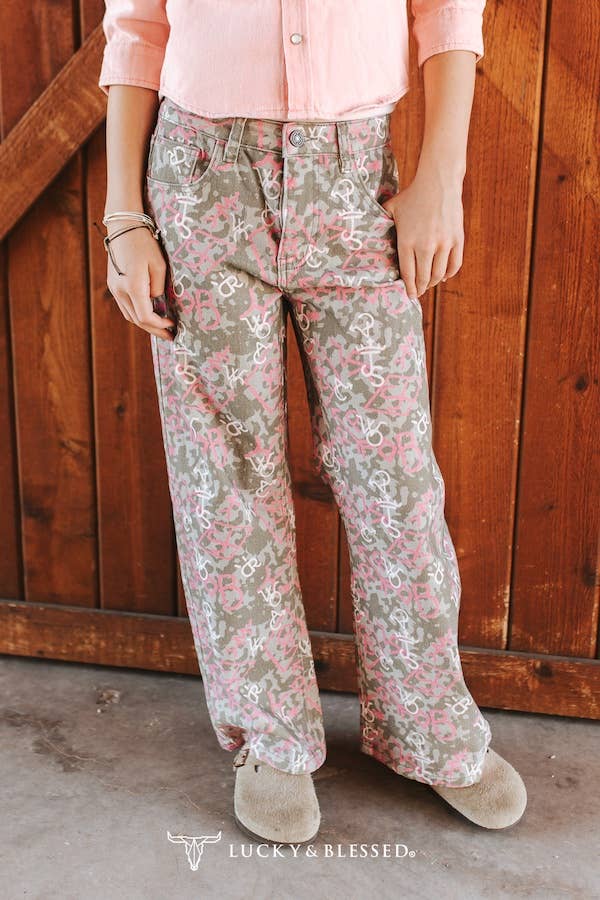 LUCKY & BLESSED -  Girls Camo Cattle Brand Printed High Rise Wide Leg Jeans:Sizes 5-14