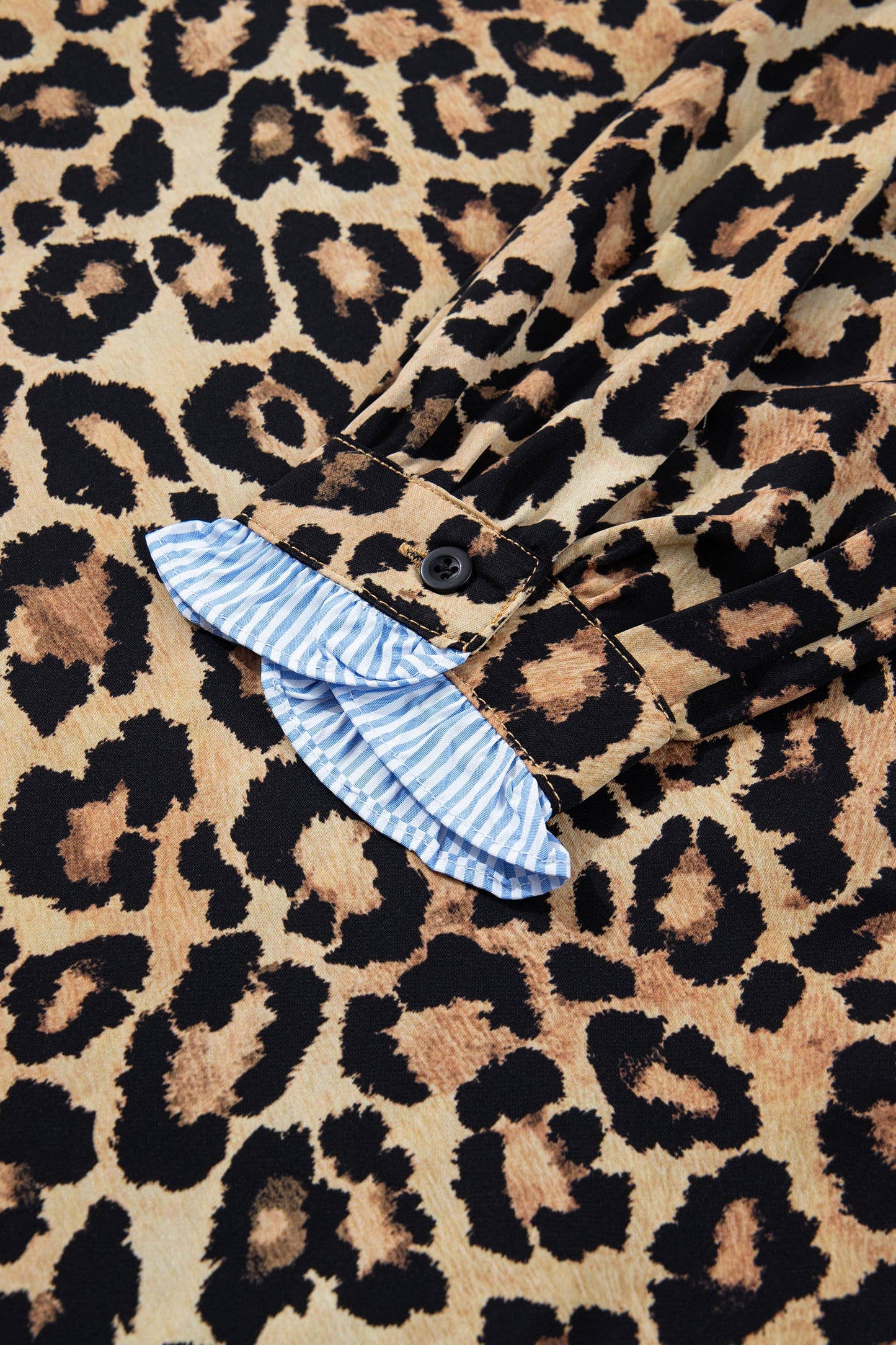 66DISCO - Leopard Print Stripe Frilled Mock Neck Shirt (S-XL): Brown / Missy / S