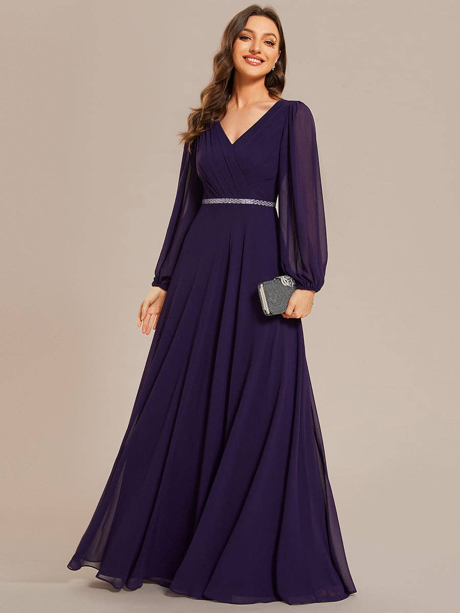 Ever-Pretty - Elegant waisted chiffon V-neck Long Sleeve guest Dress: Burgundy / 12