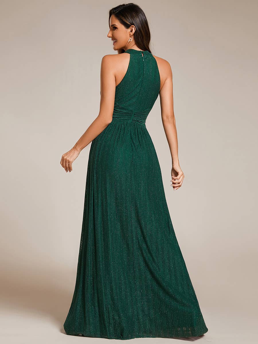 Ever-Pretty - Glittery Halter Neck Pleated Formal Evening Dress: Dark Green / 12