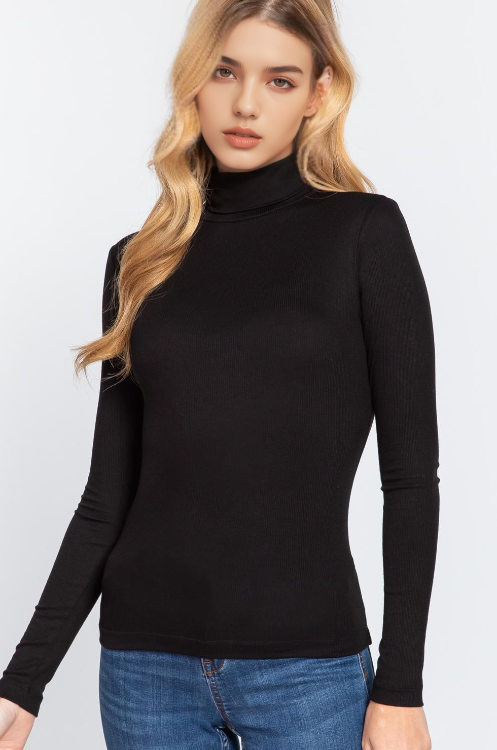 42POPS - `.Long Sleeve Turtle Neck Rib Knit Top: GRN-dark green-170714 / M