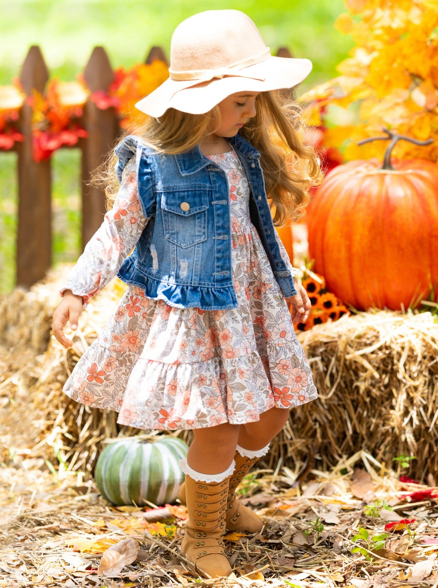Mia Belle Girls • Wholesale - Long Sleeve Floral Dress w/ Ruffle Denim Vest & Set: Multicolor / 3T