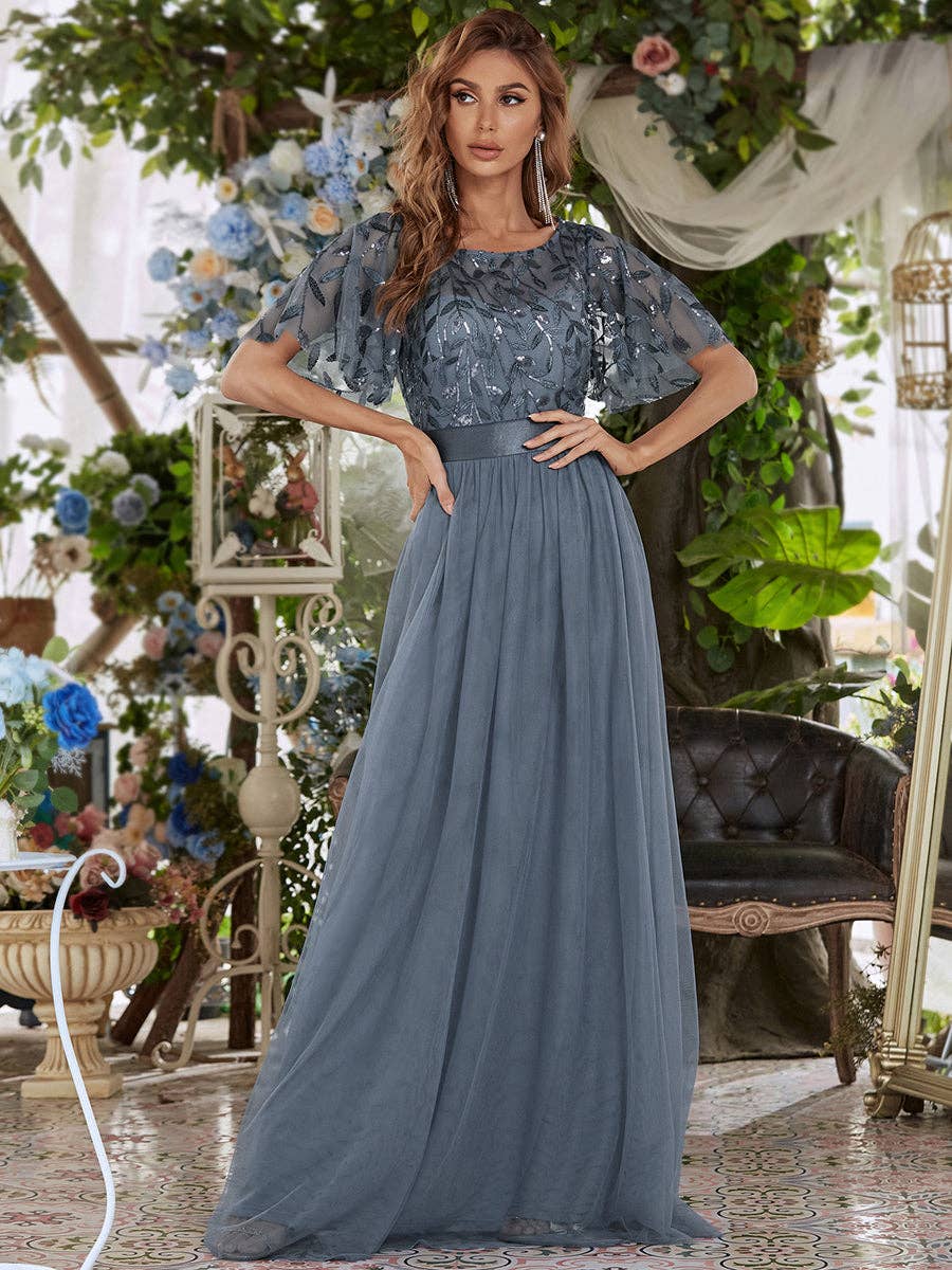 Ever-Pretty - Sequin Print Maxi Long Evening Dresses with Cap Sleeve: Dusty Navy / 14