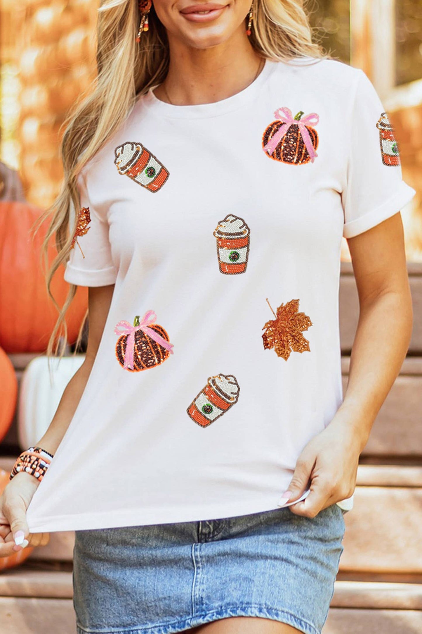 66DISCO - 66Sequined Pumpkin Fall Graphic Casual Shift T Shirt (S-3XL): White / XL
