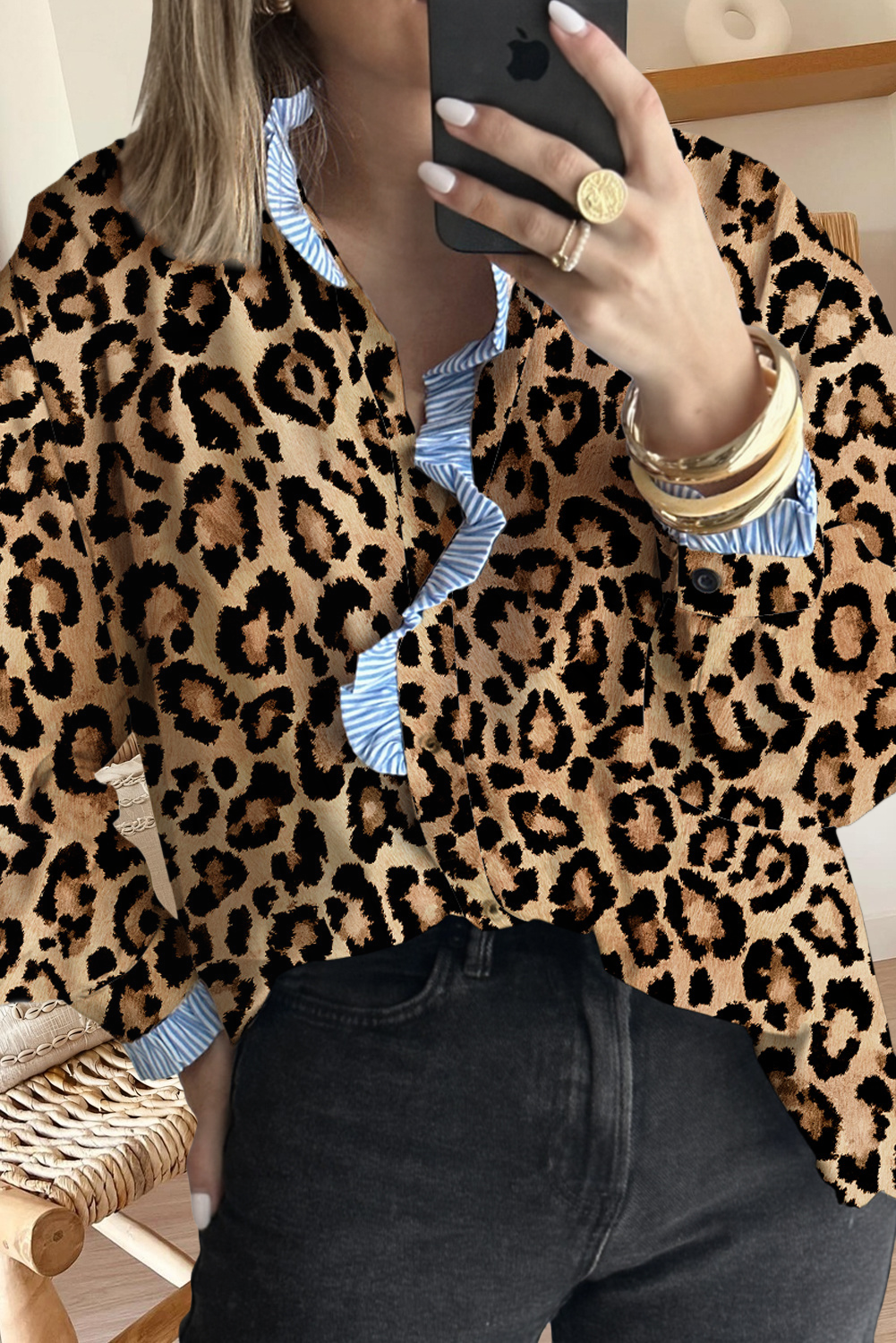 66DISCO - Leopard Print Stripe Frilled Mock Neck Shirt (S-XL): Brown / Missy / L