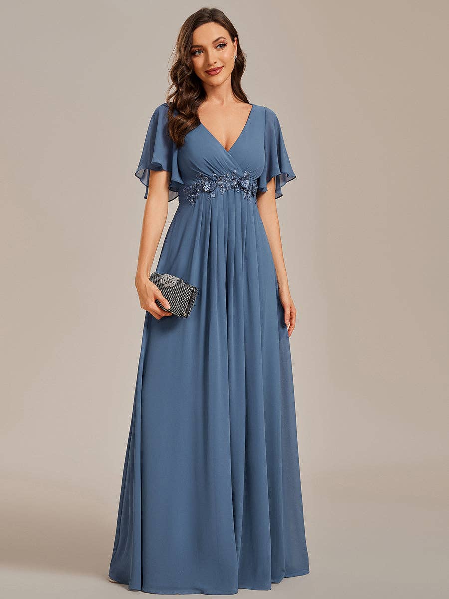 Ever-Pretty - V Neck Appliques Pleated Bridesmaid Dress: Dark Green / 24