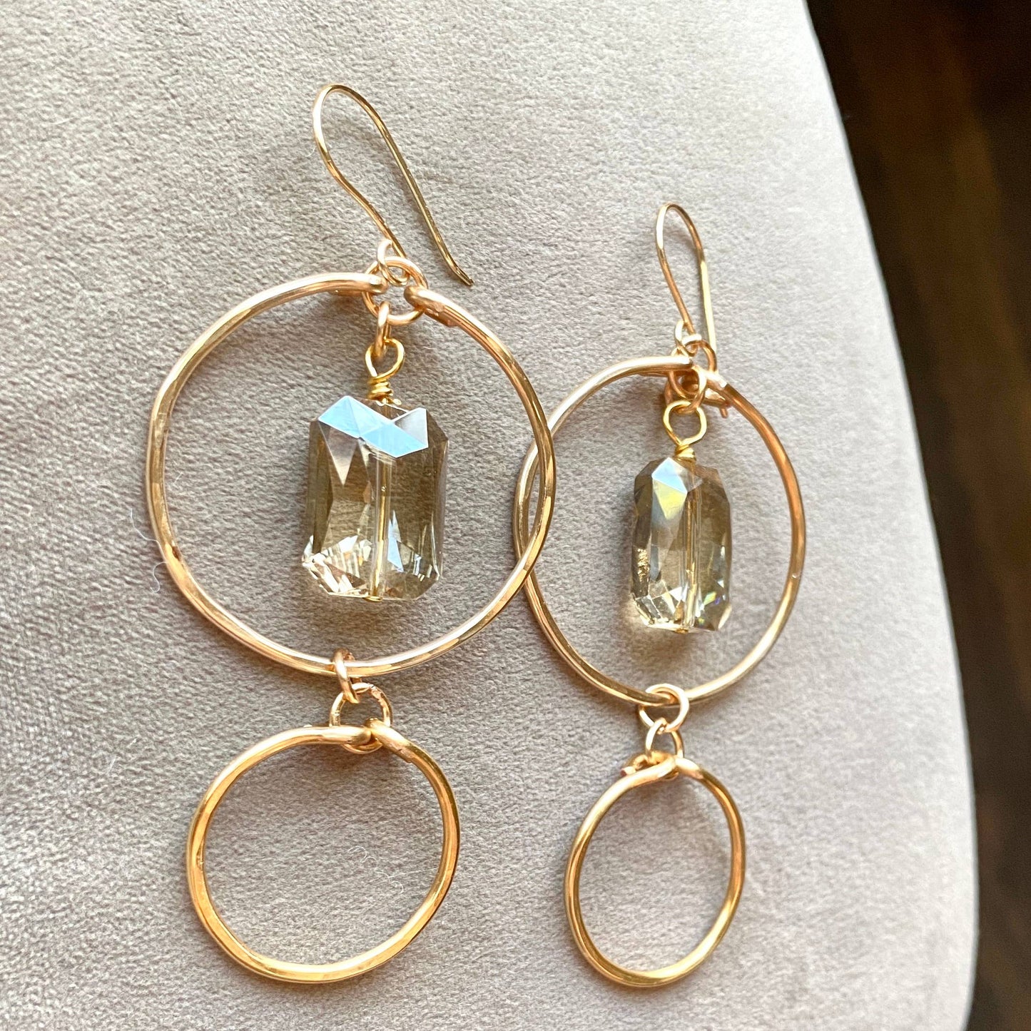 Marble Designs Jewelry - Gold Hammered Double Hoop Earrings with Champagne Crystal: Champagne