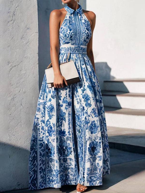 UZ Wholesale Store - Floral Print A-Line Maxi Dress with Split Lapel - Loose Fit: BLUE / M