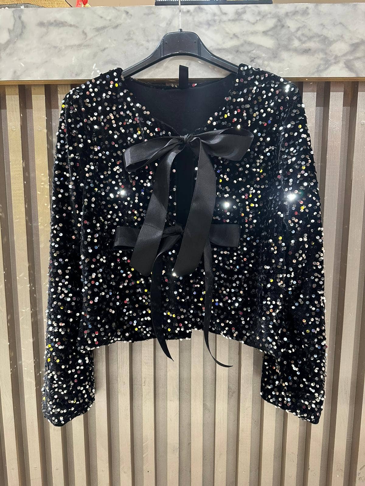 LOOWIE Italian Starlit Sequin Bow Cardigan Black