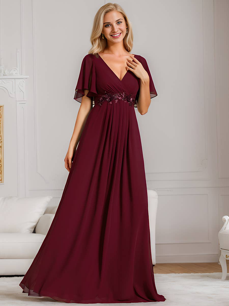 Ever-Pretty - V Neck Appliques Pleated Bridesmaid Dress: Burgundy / 12