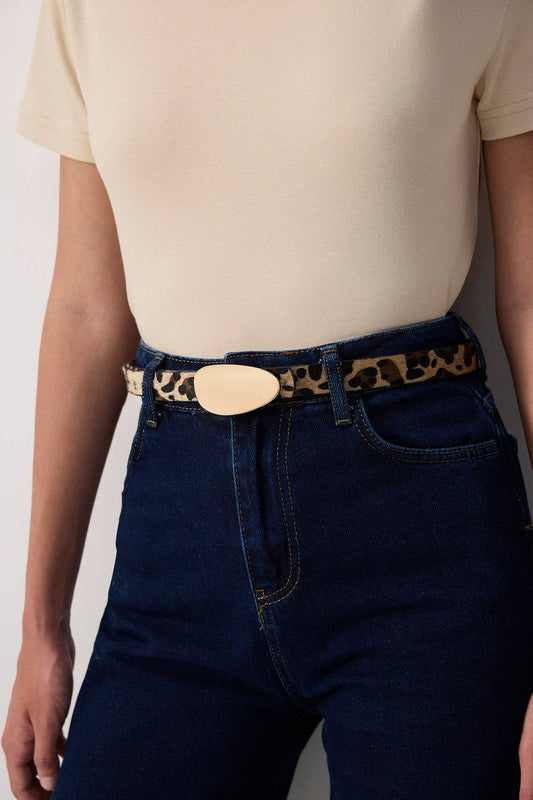 Touché Privé - Leopard Print Skinny Belt with Matte Gold Ellipse Buckle