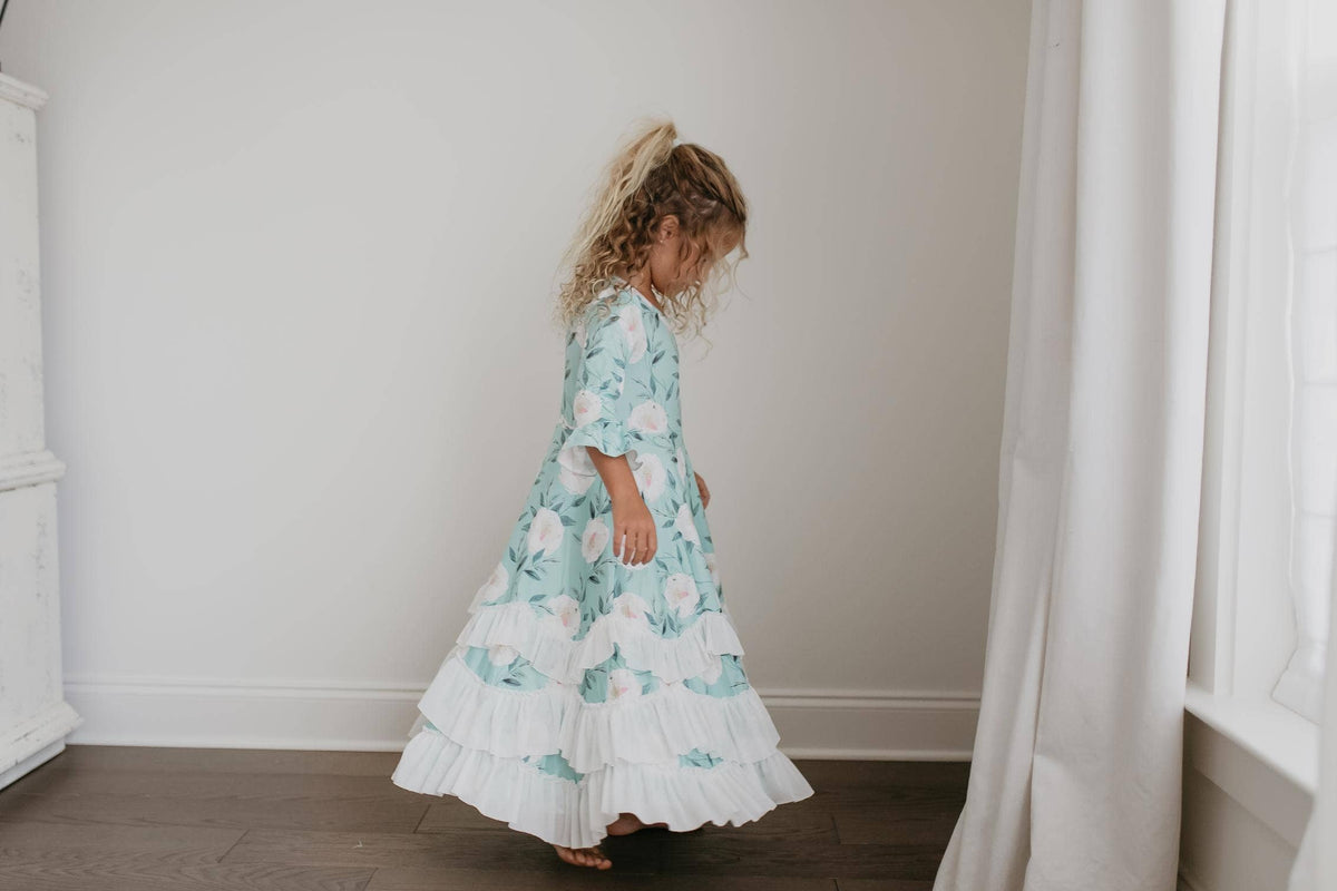 Oopsie Daisy - Kids Winter Mint Floral Long Sleeve Fall Ruffles Dress: 7/8