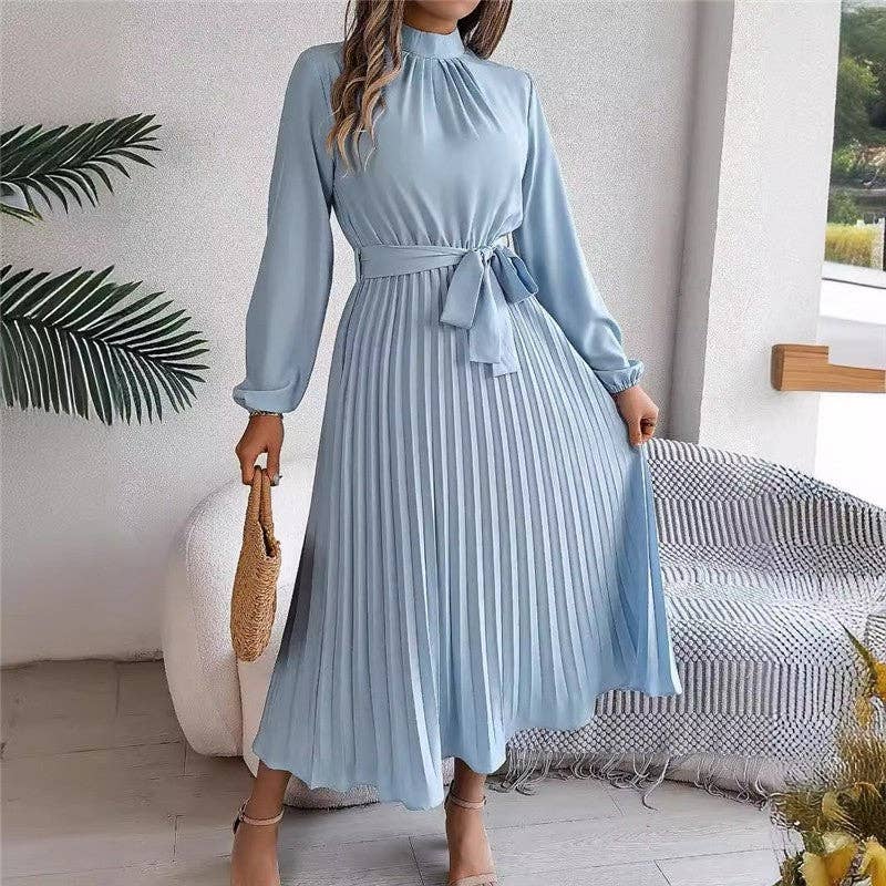 UZ Wholesale Store - Solid Color Stand Collar Long Sleeve Pleated Maxi Dress: BABY BLUE / XL